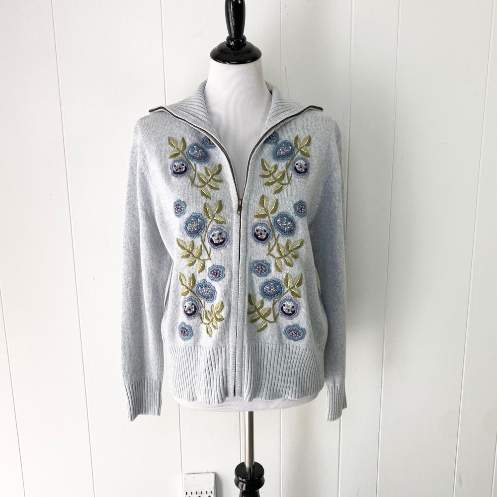 Tiara International Light Blue Floral Embroidered Zip Cardigan Sweater Sz M?